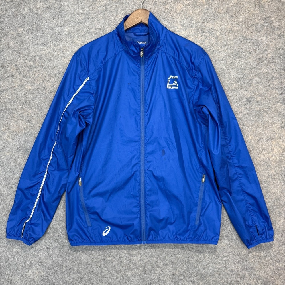 Asics LA‎ Marathon Jacket Mens Medium Lightweight Reflective Stripe Blue Jog Run